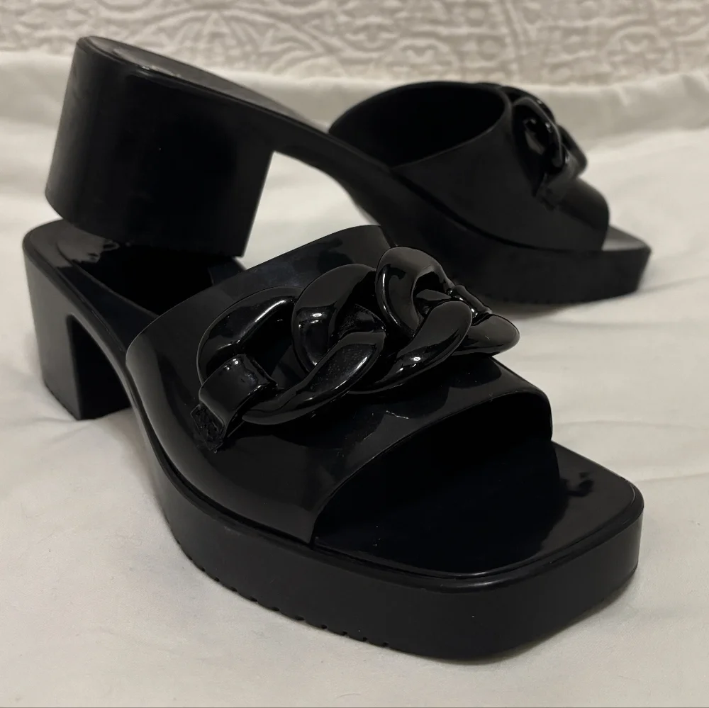 BP. Black chunky slides heels with plastic chain size 8 square toe open toe - Picture 1 of 7